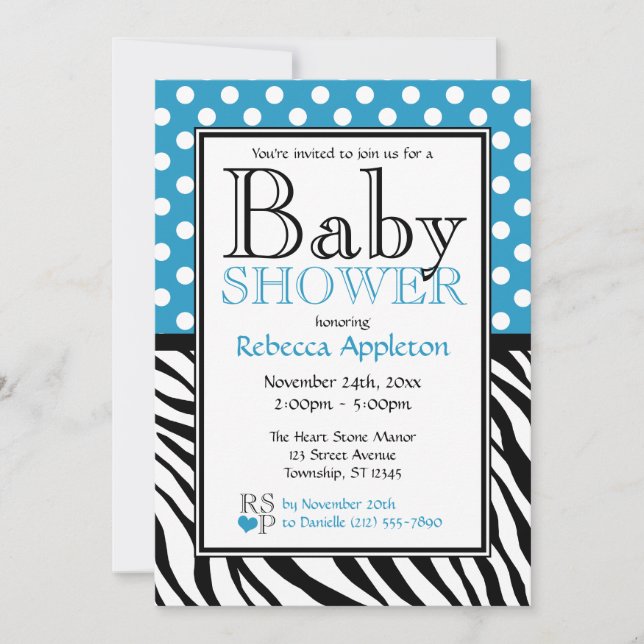Invitation Baby shower d'impression Polka Dot Blue & Zebra (Devant)