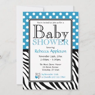 Invitation Baby shower d'impression Polka Dot Blue & Zebra