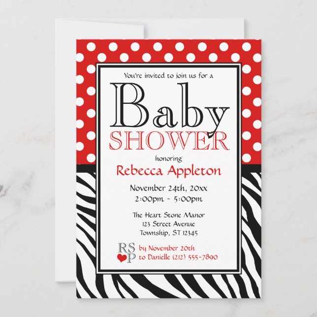 Invitation Baby shower d'impression Polka Dot Red & Zebra (Devant)
