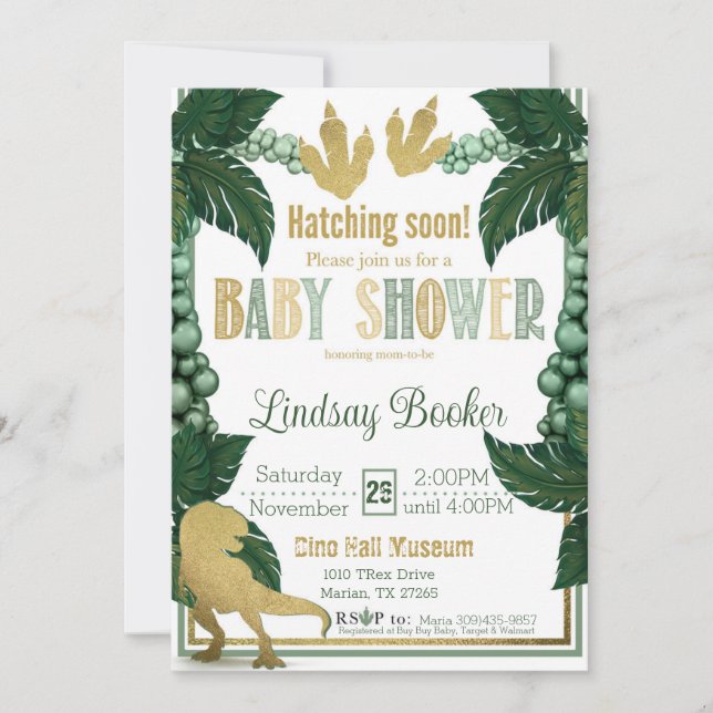 Invitation Baby shower Dino-Rific en or (Devant)