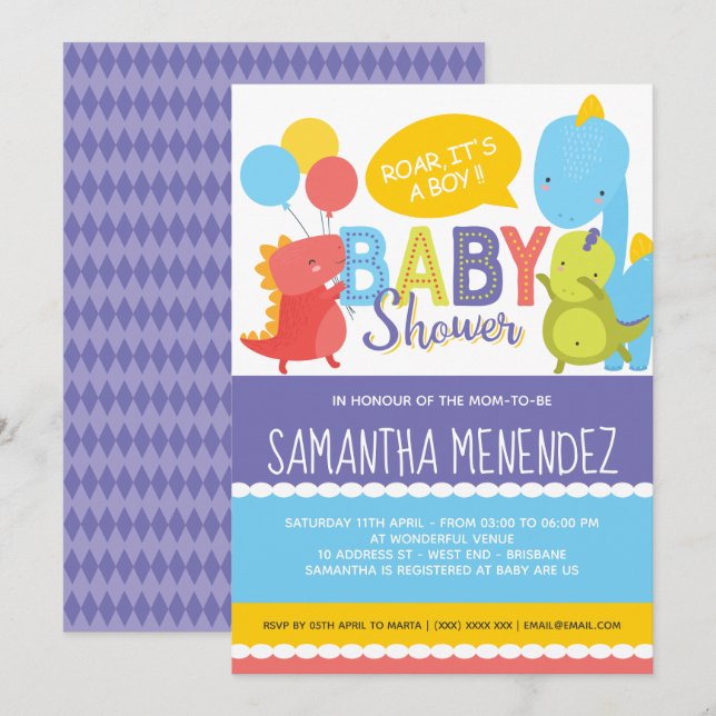Invitation Baby shower Dinosaur garçon ou fille (Devant / Derrière)