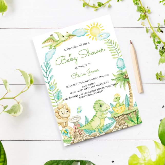 Invitation Baby shower Dinosaure Aquarelle Cute (Créateur téléchargé)