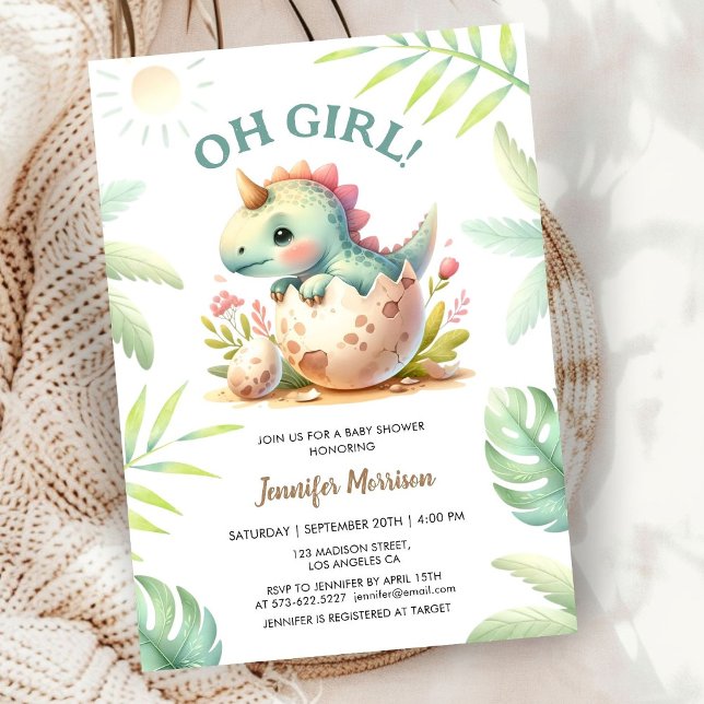 Invitation Baby shower Dinosaure fille rose mignonne Dino (Créateur téléchargé)