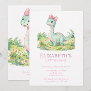 Invitation Baby Shower Dinosaure Mignon avec un Nœud Rose