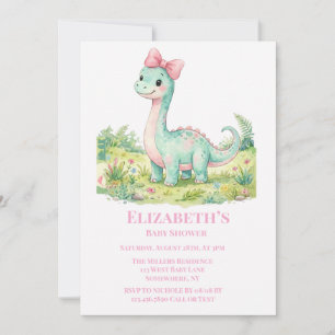 Invitation Baby Shower Dinosaure Mignon avec un Nœud Rose