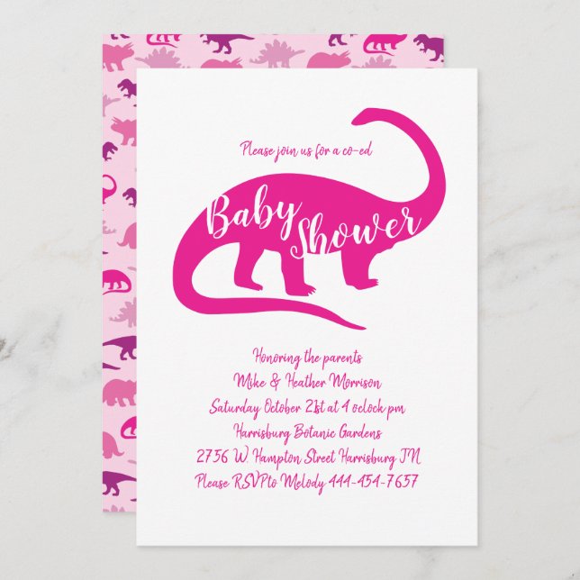 Invitation Baby shower Dinosaure mignon Brontosaurus fille ro (Devant / Derrière)