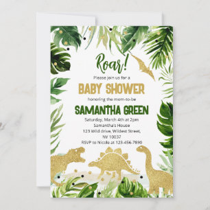 Invitation Baby Shower Dinosaure Vert et Or