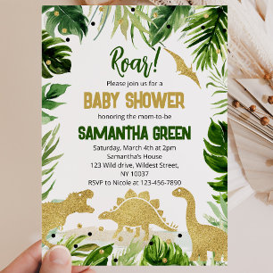 Invitation Baby Shower Dinosaure Vert et Or
