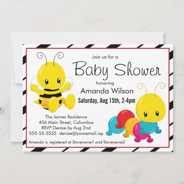 Invitation Baby shower d'insectes caricaturaux mignons (Devant)