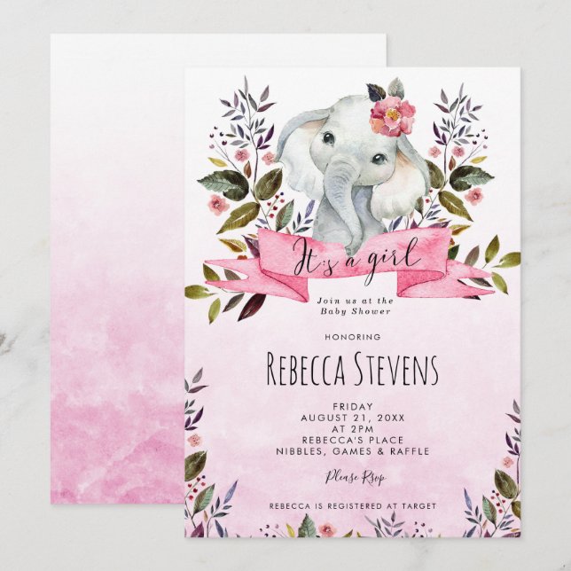 Invitation baby shower d'invitation à l'éléphant rose floral  (Devant / Derrière)