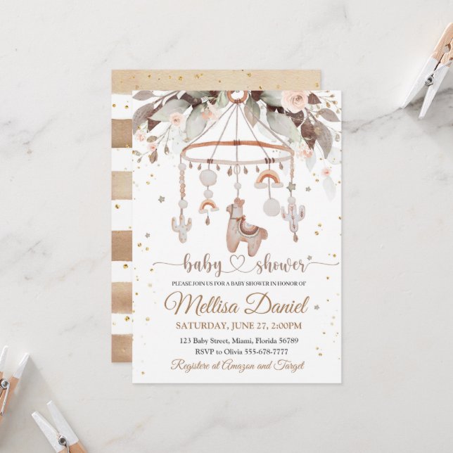 Invitation Baby shower d'invitation Llama Toys Boho Alpak Boh (Devant/Arrière en situation)