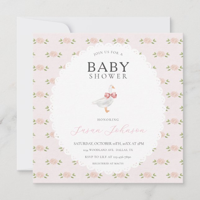 Invitation Baby shower d'oie blanche florale délicat rose (Devant)