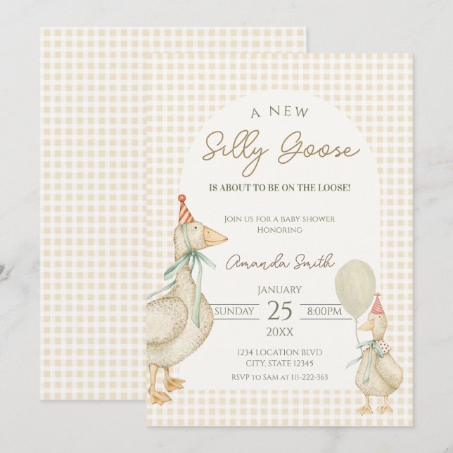 Invitation Baby shower d'oie soie beige (Devant / Derrière)