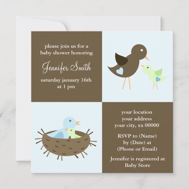 Invitation Baby shower d'oiseau de maman et de bébé (Devant)
