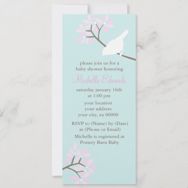 Invitation Baby shower d'oiseaux à la menthe et roses (Devant)