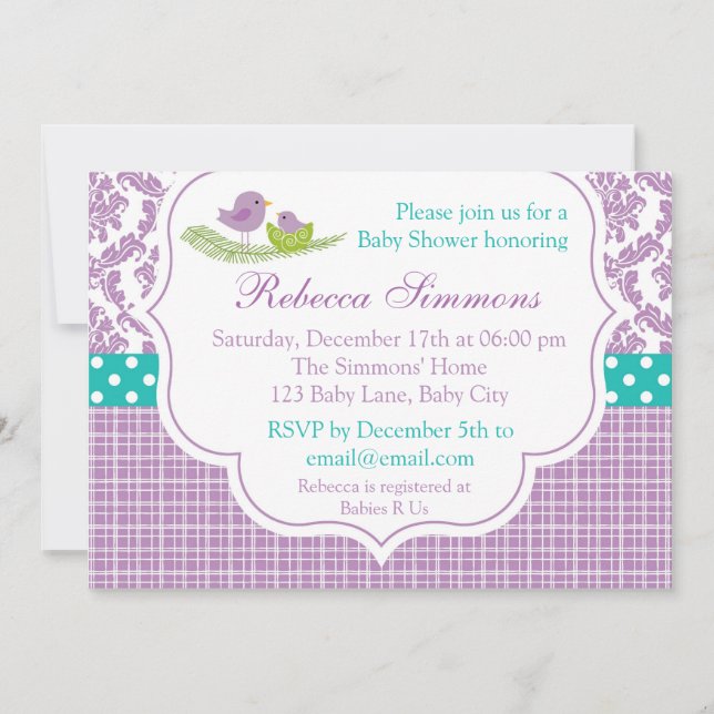 Invitation Baby shower d'oiseaux Dégâts neutres Vi (Devant)