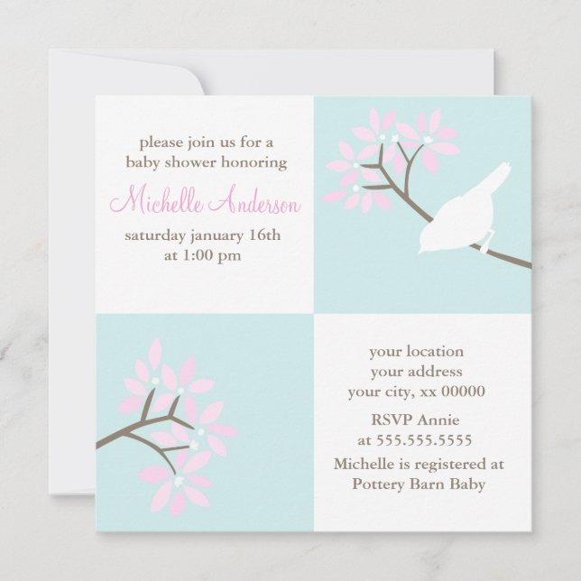 Invitation Baby shower d'oiseaux élégant (Devant)
