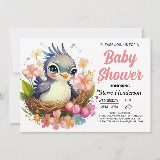 Invitation Baby shower d'oiseaux élégant au nid rose (Devant)