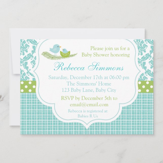 Invitation Baby shower d'oiseaux Garçon Damask Blu (Devant)
