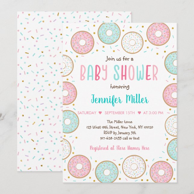 Invitation Baby shower Donut Pink Gold Pastel (Devant / Derrière)