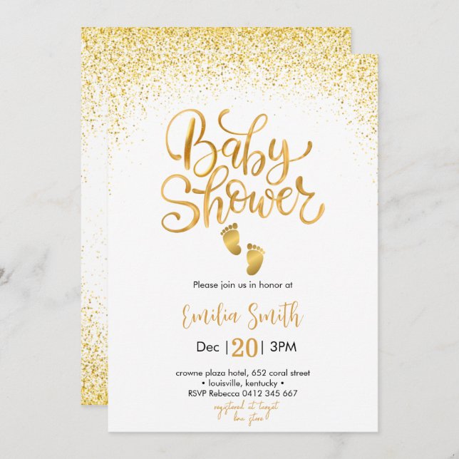 Invitation Baby shower d'or (Devant / Derrière)