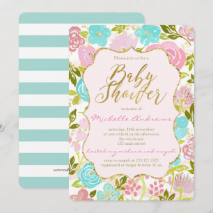 Invitation Baby shower d'or à la menthe rose