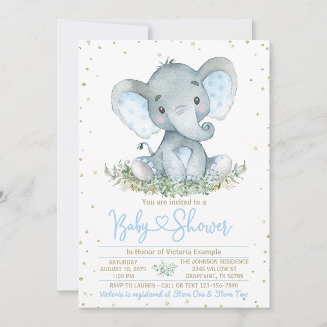 Invitation Baby shower d'or bleu éléphant garçon (Devant)