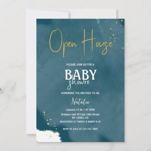 Invitation baby shower d'or bleu marine ouvert (Devant)