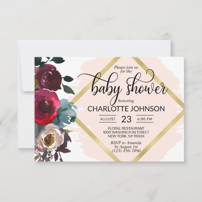 Invitation Baby shower d'or de la Bourgogne rose d'aquarelle (Devant)