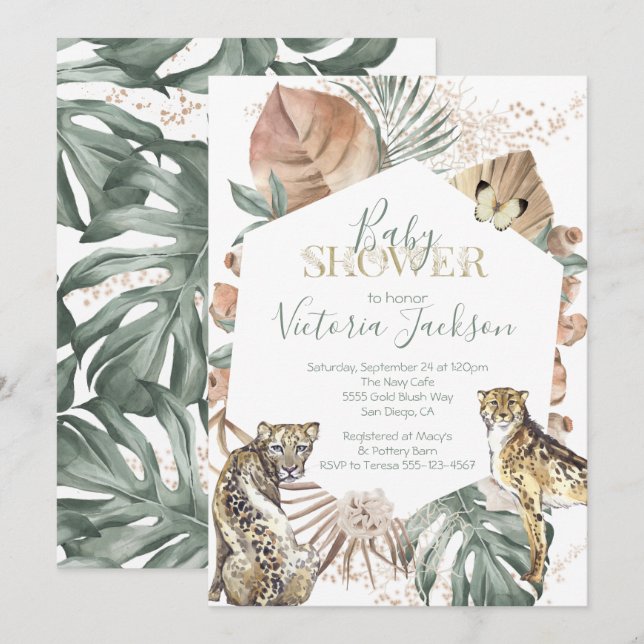 Invitation Baby shower d'or de palme sauvage tropicale (Devant / Derrière)
