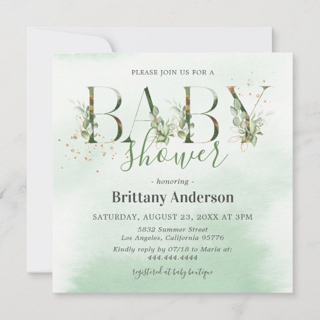 Invitation Baby shower d'or Eucalyptus rustique (Devant)