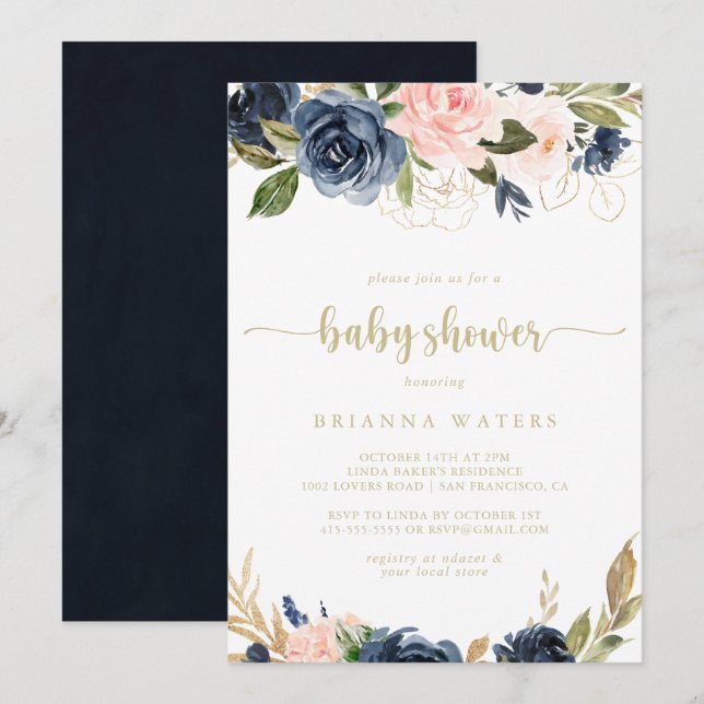 Invitation Baby shower d'or floral Blush de la Marine (Devant / Derrière)