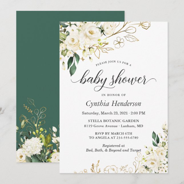 Invitation Baby shower d'or Floral Rose blanche verdure (Devant / Derrière)