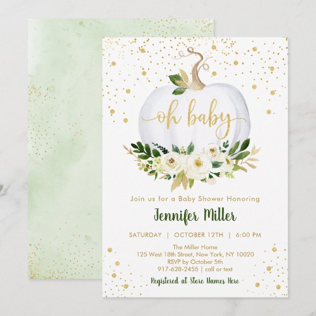 Invitation Baby shower d'or petit Citrouille (Devant / Derrière)