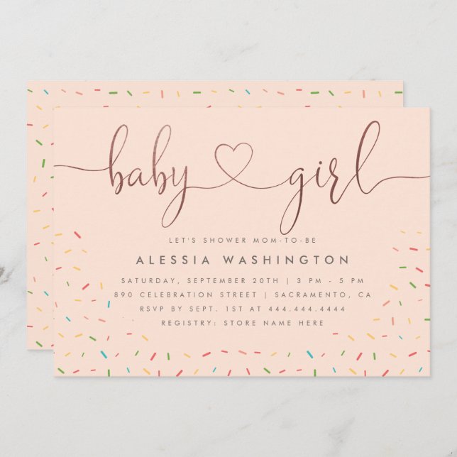 Invitation Baby shower d'or pour fille Rose à saupoudrage cou (Devant / Derrière)