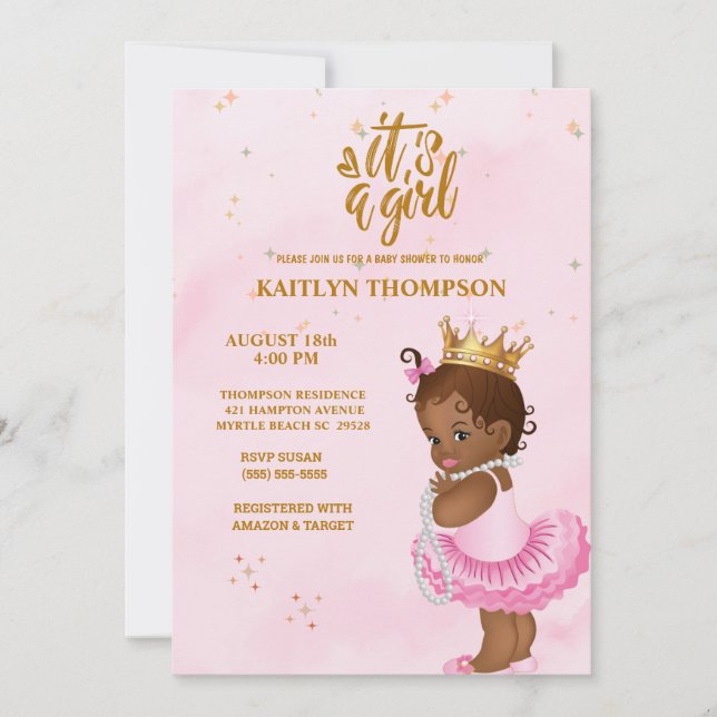 Invitation Baby shower d'or rose africain (Devant)