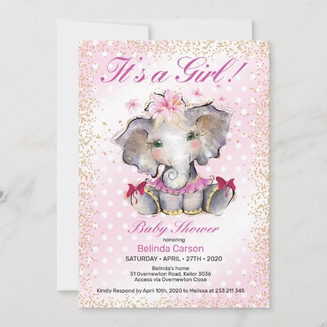 Invitation Baby shower d'or rose Baby Elephant (Devant)