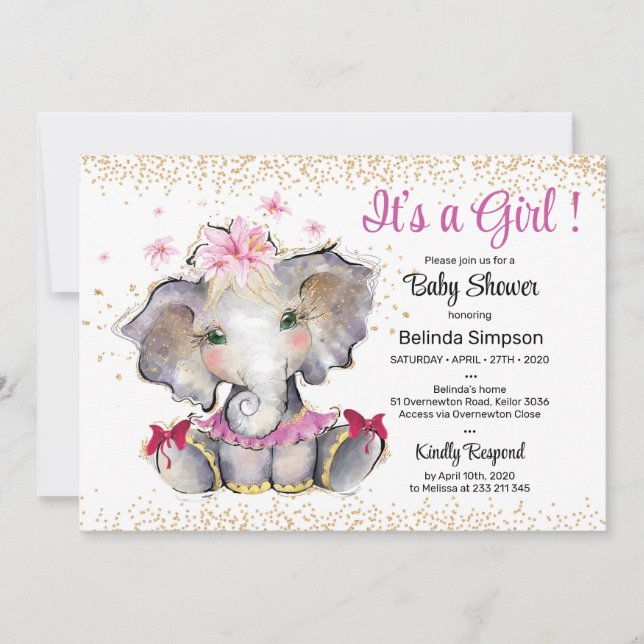 Invitation Baby shower d'or rose Baby Elephant (Devant)