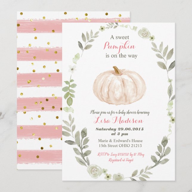 Invitation baby shower d'or rose blanc (Devant / Derrière)