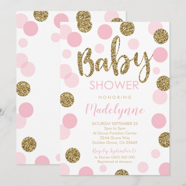 Invitation Baby shower d'or rose Confetti Girl (Devant / Derrière)