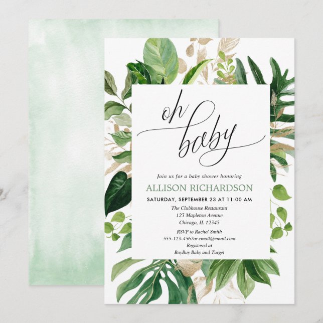 Invitation baby shower d'or vert tropical neutre pour les fem (Devant / Derrière)