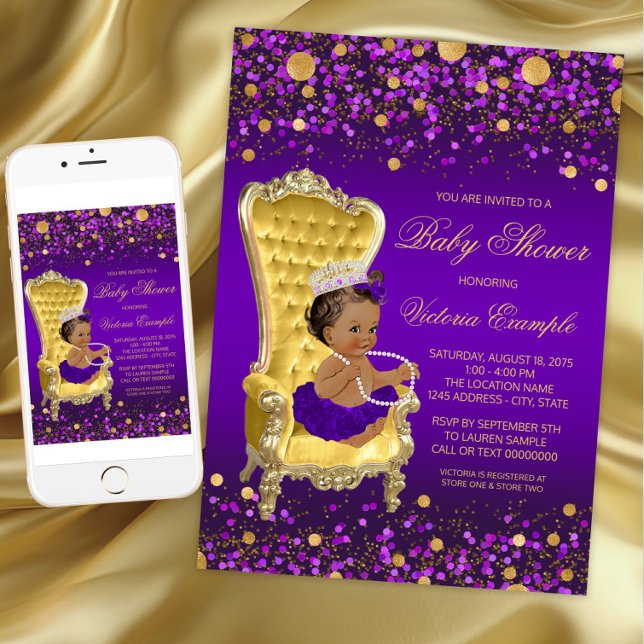 Invitation Baby shower d'or violet d'Amérique d'Afrique (Purple Gold Princess Baby Shower Invitation. Instant download and printed invitations available.)