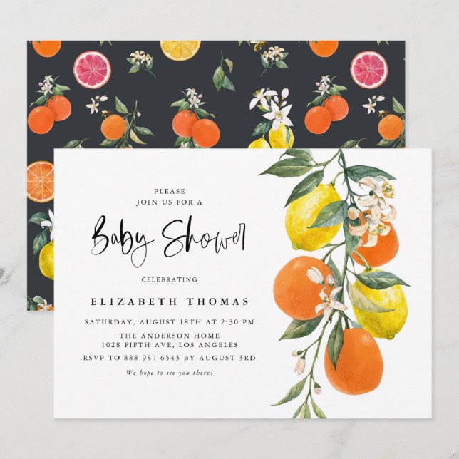 Invitation Baby shower d'Orange botanique et de Citron Garlan (Devant / Derrière)