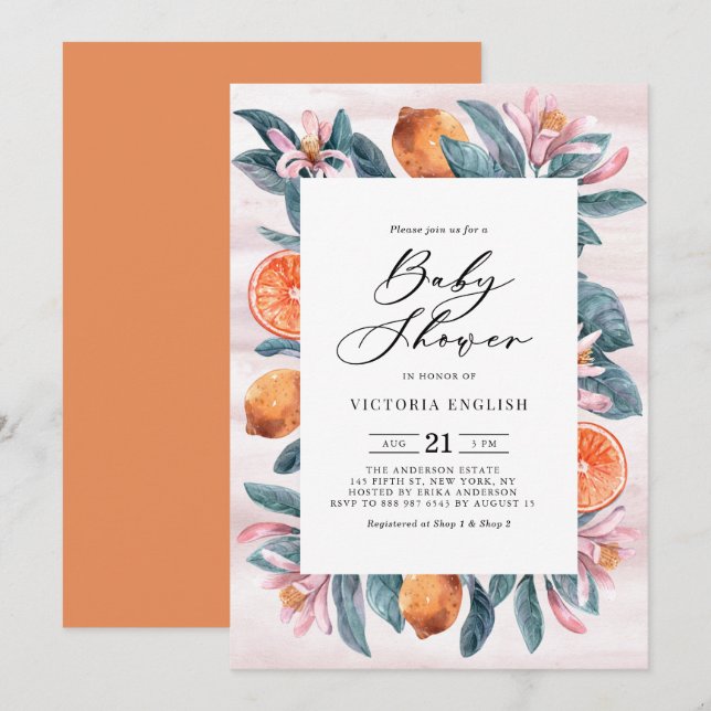 Invitation Baby shower d'Oranges botaniques et de fleurs rose (Devant / Derrière)