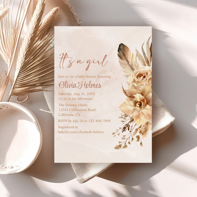 Invitation Baby shower d'orchidée en laiton de la Pampas de B (Bohemian Blush Pampas Grass Orchid Baby Shower Invitation on a neutral boho table.)