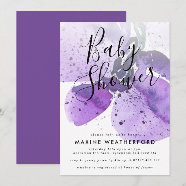 Invitation Baby shower d'orchidée violet aquarelle (Devant / Derrière)