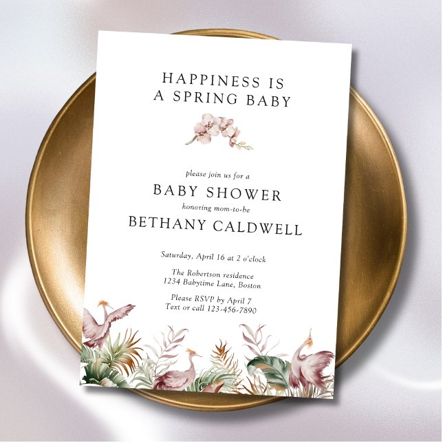 Invitation Baby shower d'orchidées de printemps de grues dans (Spring Baby Shower Invitation with Dancing Cranes)