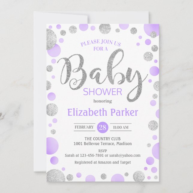 Invitation baby shower - Dots d'argent violet (Devant)