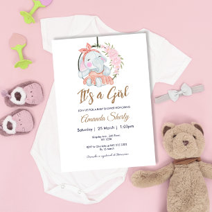 Invitation Baby shower douce fille rose Eléphant