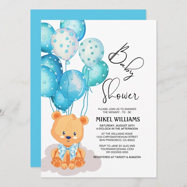 Invitation Baby shower d'ours à l'aquarelle bleu du garçon I (Devant / Derrière)